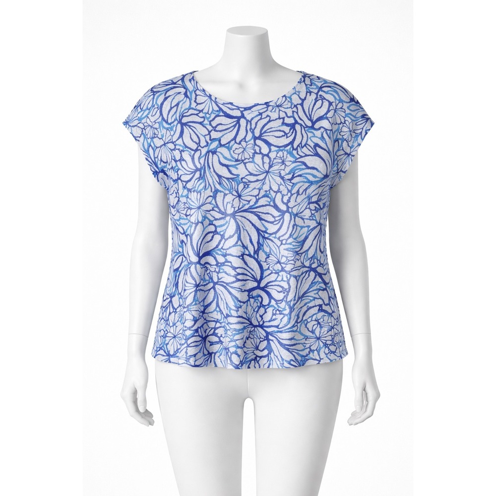 Martha Stewart Collection 100% Linen Blue White Floral Cap Sleeve Blouse Women L